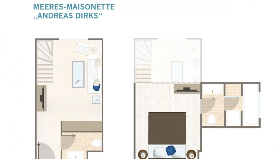 Grundriss einer zweistöckigen Ferien-Maisonette im Söl’ring Hof auf Sylt.
