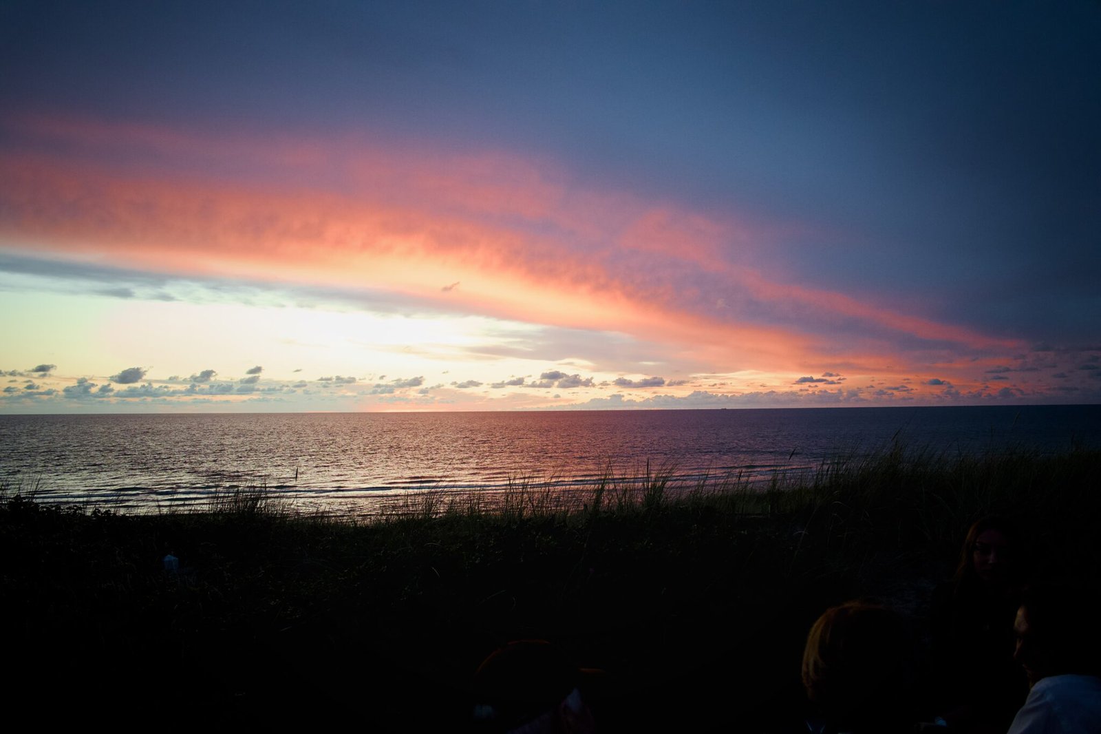 Strand bei Sonnenuntergang, dunkles Gras, sanfte Wellen, orange-rosa Wolken am Himmel.