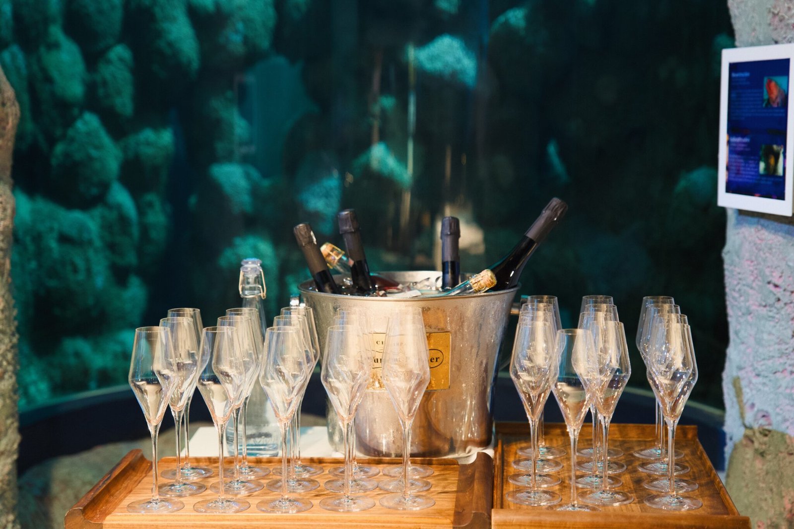 Wine bottles in metal bucket, flutes rowed, blue aquarium backdrop.