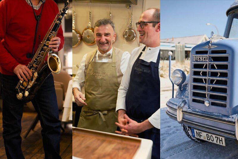Drei Fotos: Saxophonist, lächelnde Köche, blauer Oldtimer-LKW im Schnee.