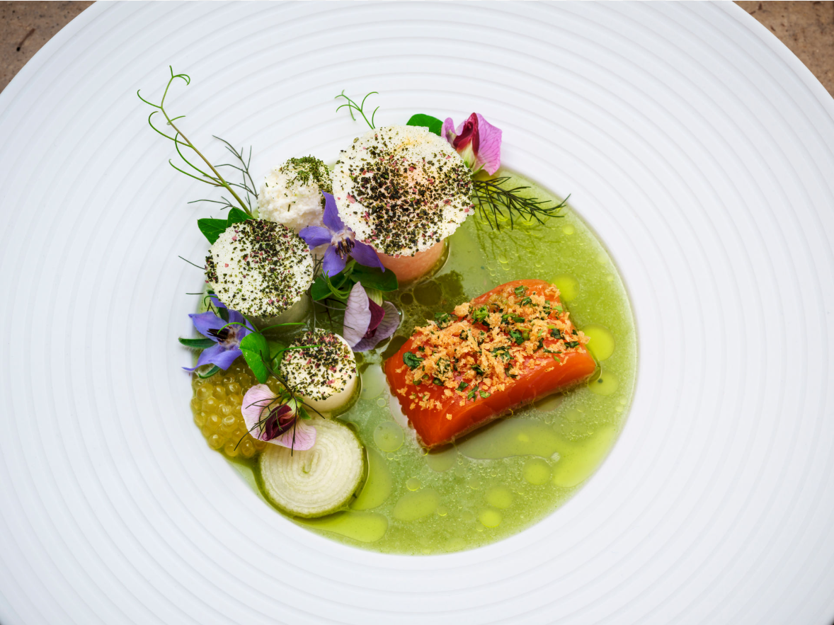 Orangefarbener Fisch auf grüner Soße, mit Kräutern, essbaren Blüten und Sahnetupfern.