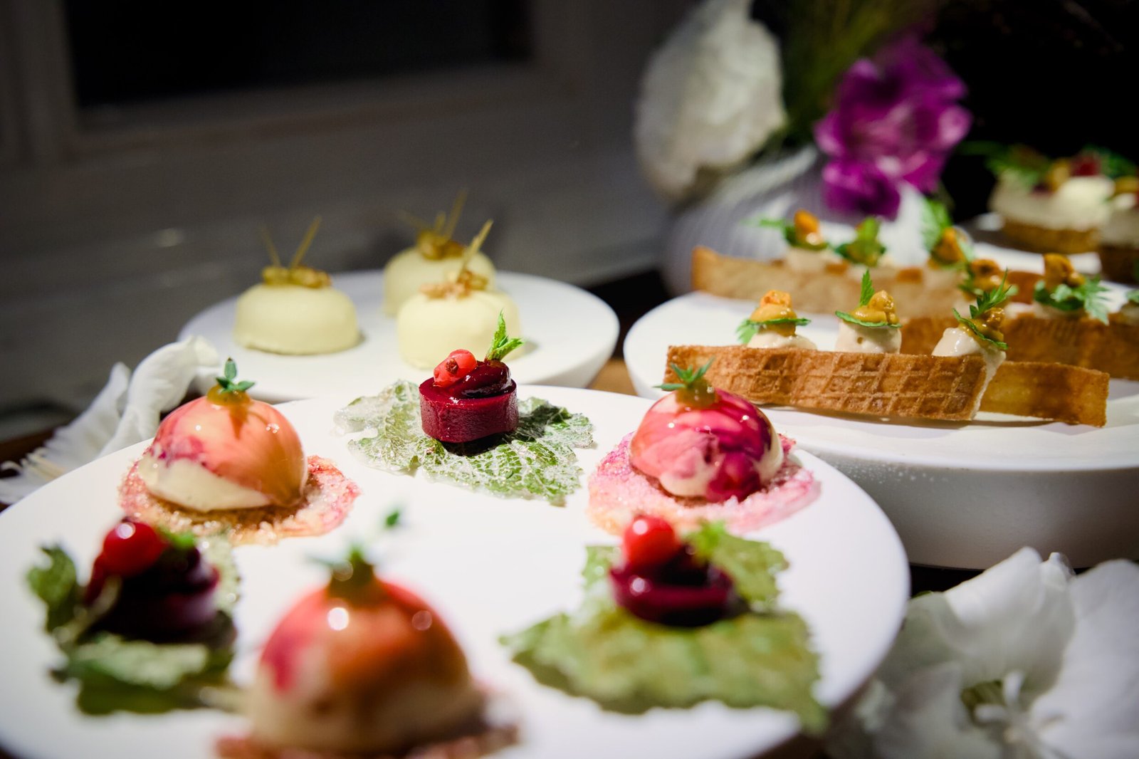 Bunte Mousse-Kugeln, Cracker und Beeren, kunstvoll auf weißem Geschirr angerichtet.